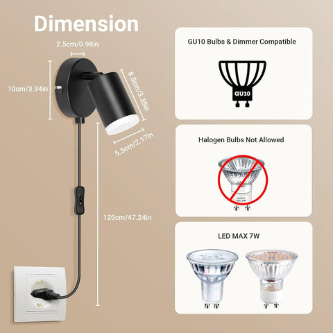 Wall-mounted light fixture with dimensions and bulb compatibility information on a beige background
