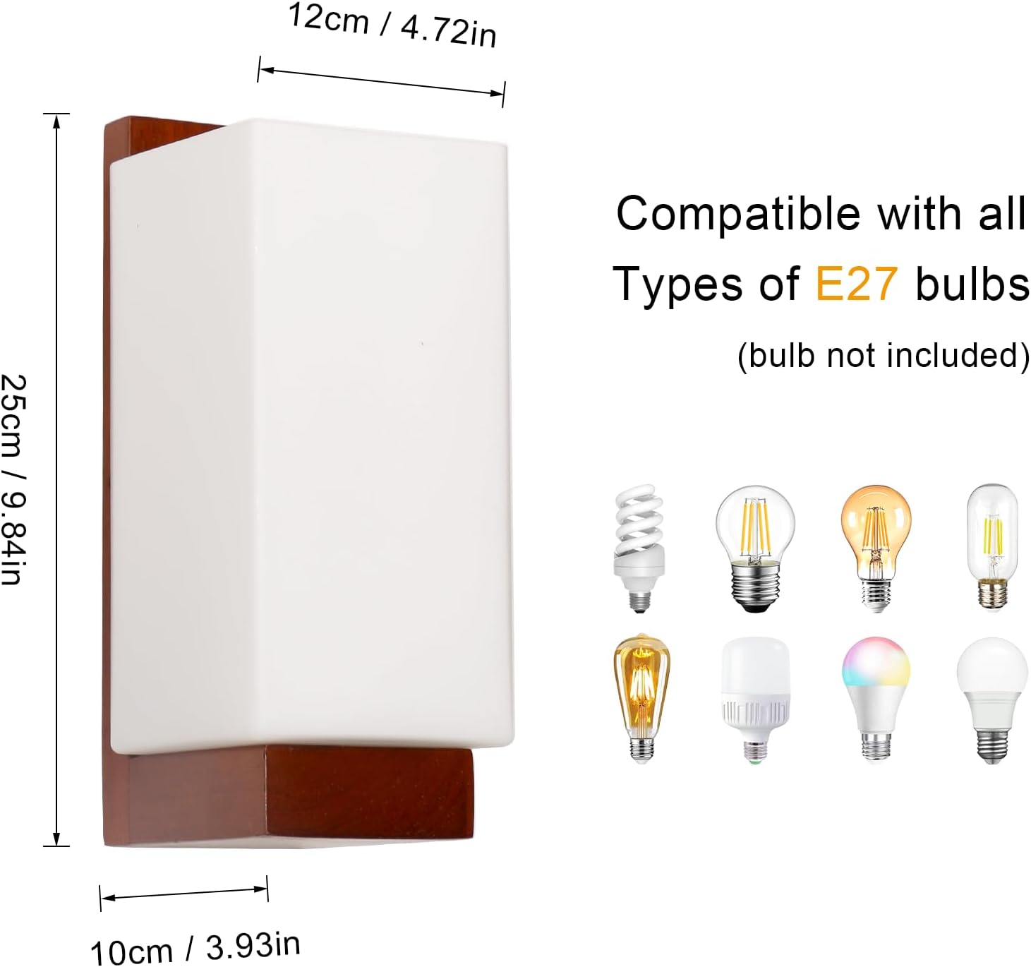 Wall-mounted light fixture with dimensions and compatibility with various E27 bulbs.