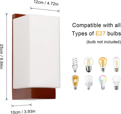 Wall-mounted light fixture with dimensions and compatibility with various E27 bulbs.