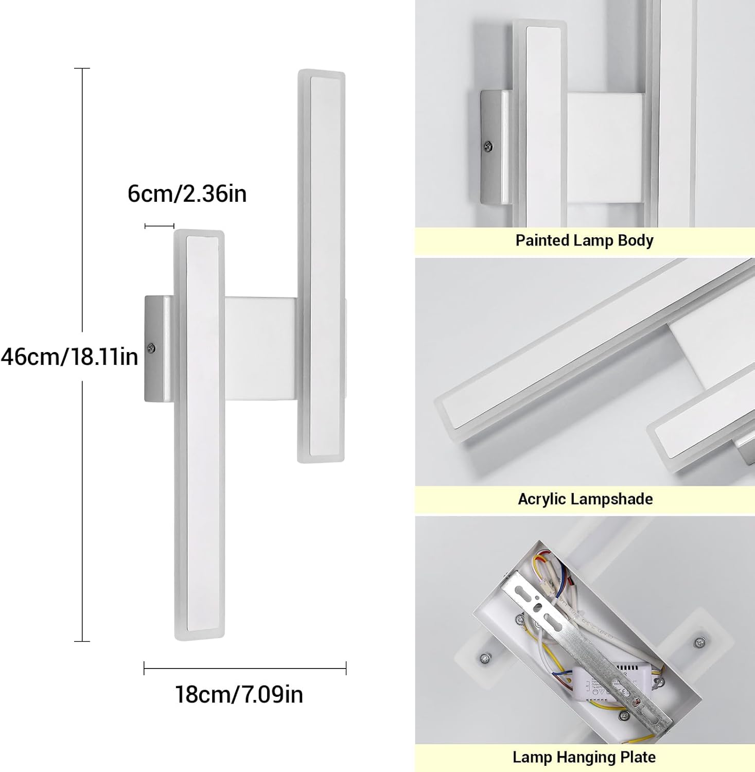 Wall-mounted light fixture with dimensions and components highlighted