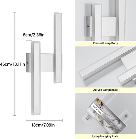 Wall-mounted light fixture with dimensions and components highlighted