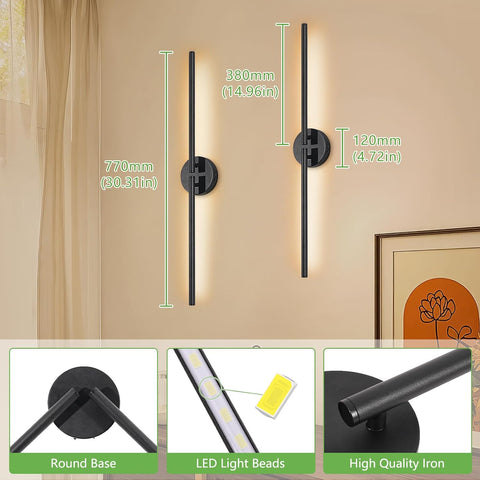 Wall-mounted light fixture with dimensions and material details on a beige wall.