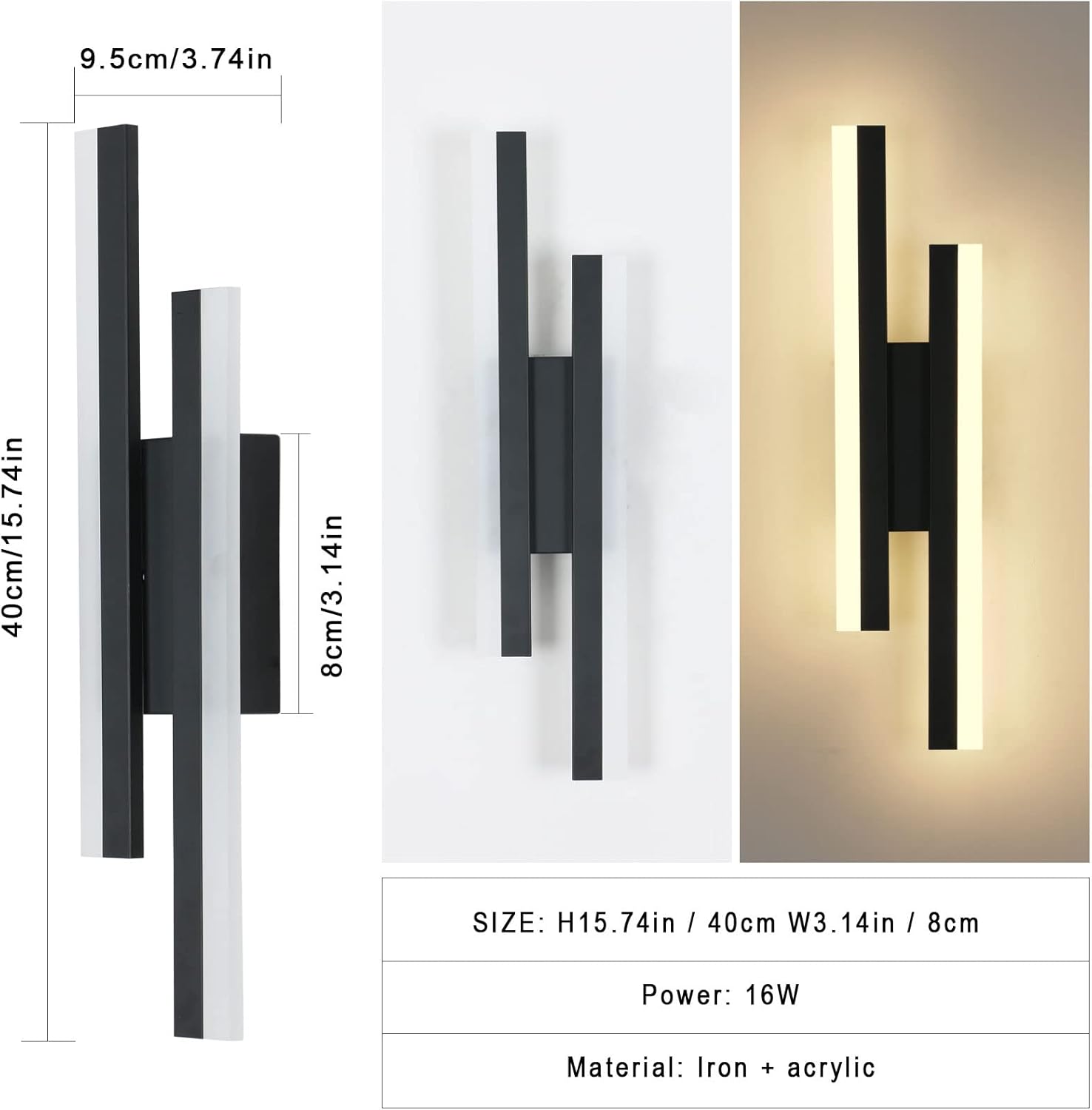 Wall-mounted light fixture with dimensions and material details on a white background