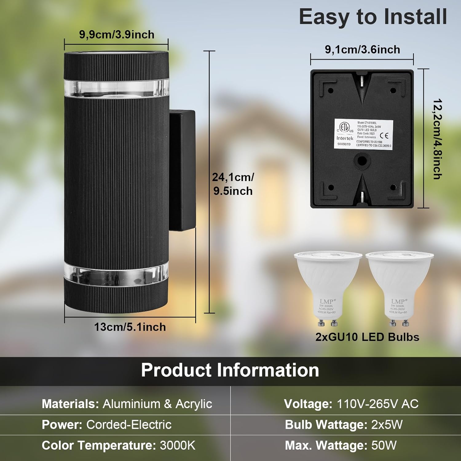 Wall-mounted light fixture with dimensions and product information on a blurred background