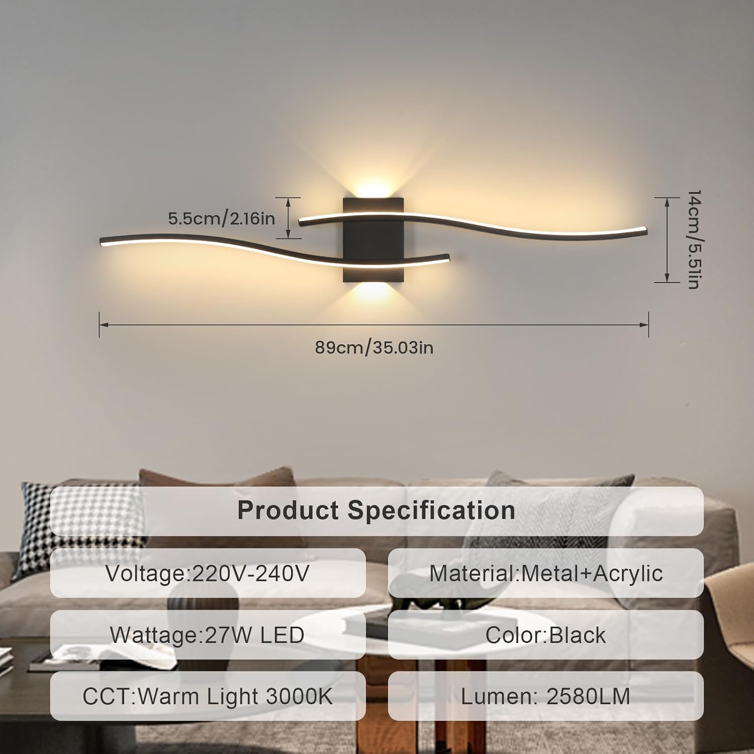 Wall-mounted light fixture with dimensions and product specifications displayed on a gray wall background.