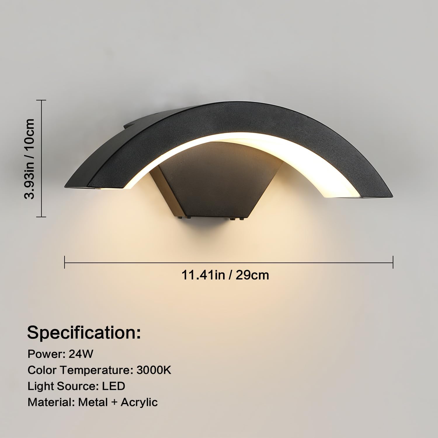 Wall-mounted light fixture with dimensions and specifications on a gray background