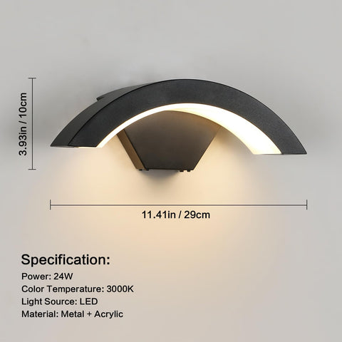 Wall-mounted light fixture with dimensions and specifications on a gray background