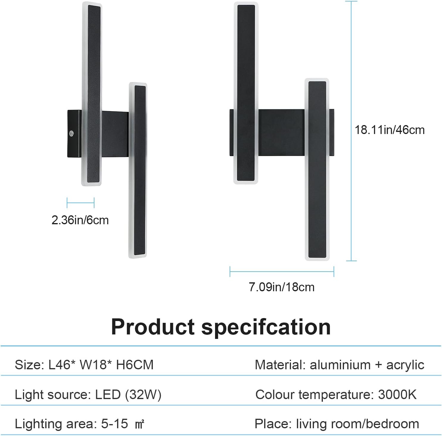 Wall-mounted light fixture with dimensions and specifications on a white background