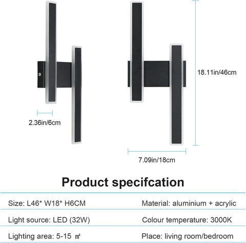 Wall-mounted light fixture with dimensions and specifications on a white background