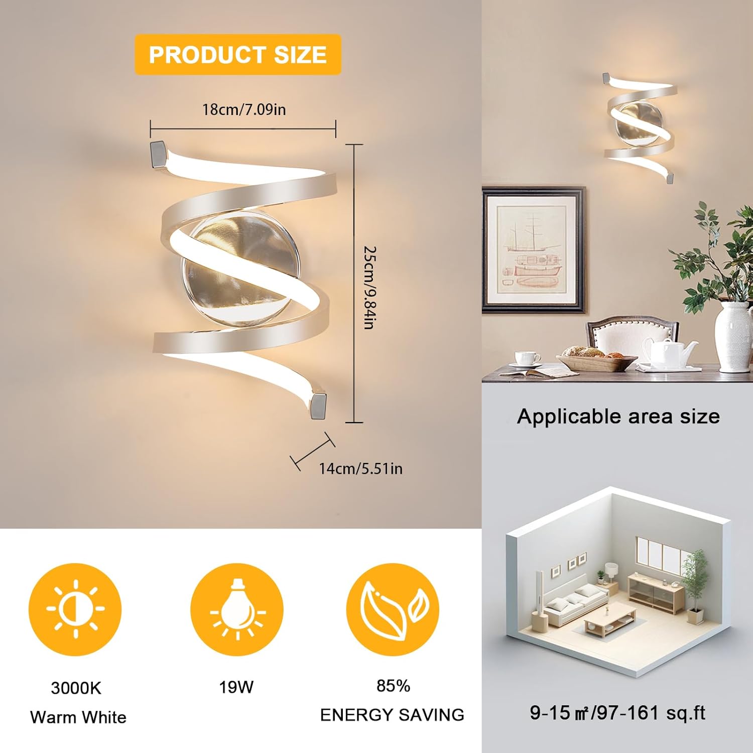 Wall-mounted light fixture with dimensions, energy-saving details, and applicable area size on a neutral background.