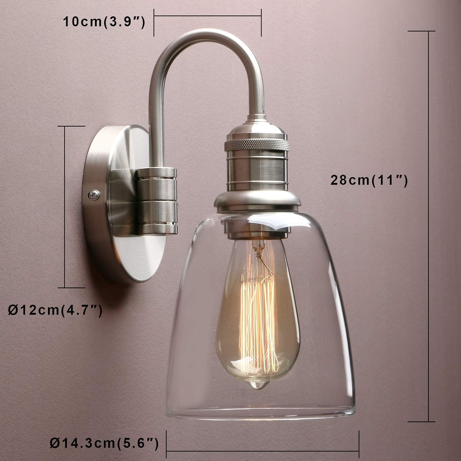 Wall-mounted light fixture with dimensions indicated on a plain background