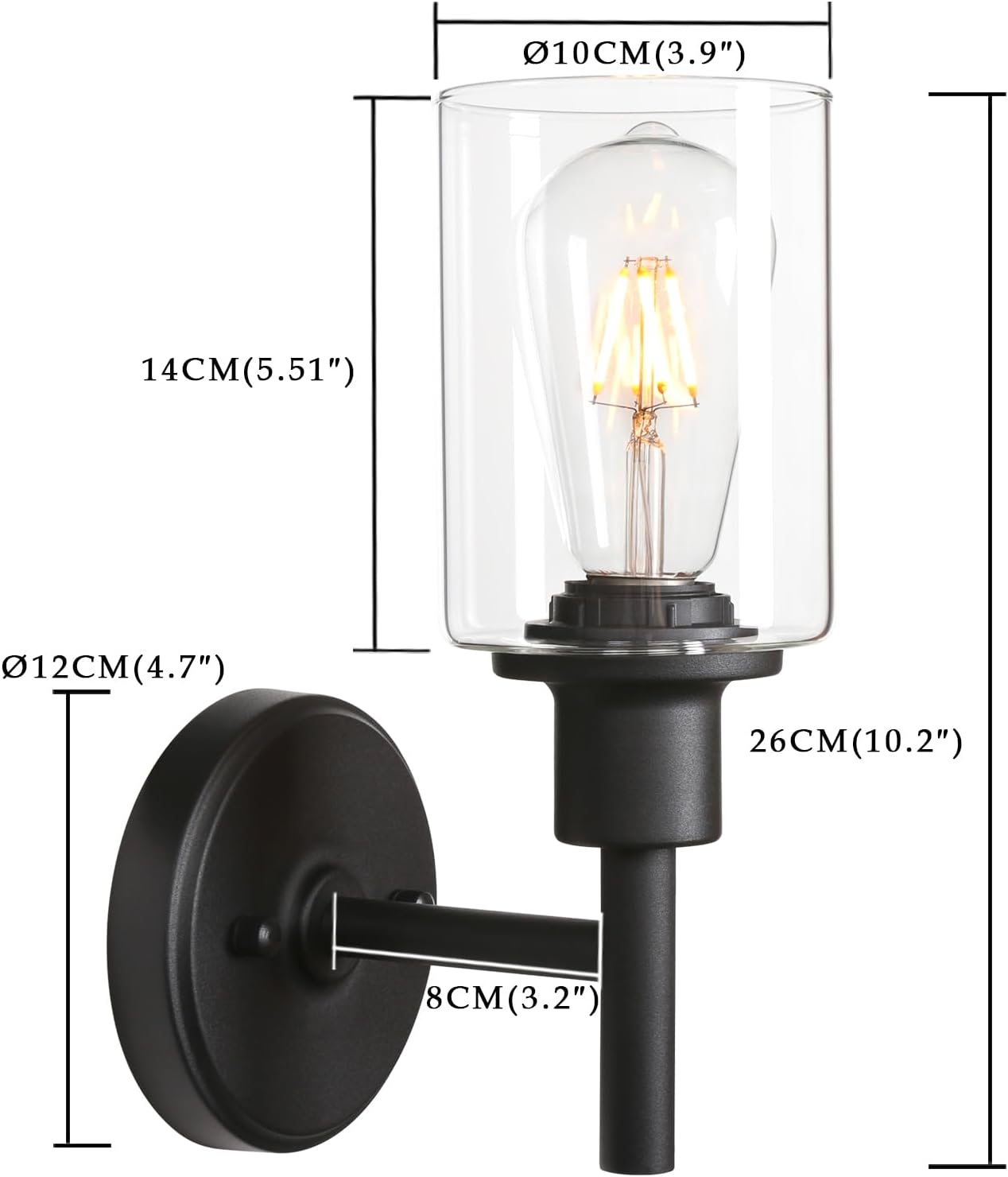 Wall-mounted light fixture with dimensions labeled