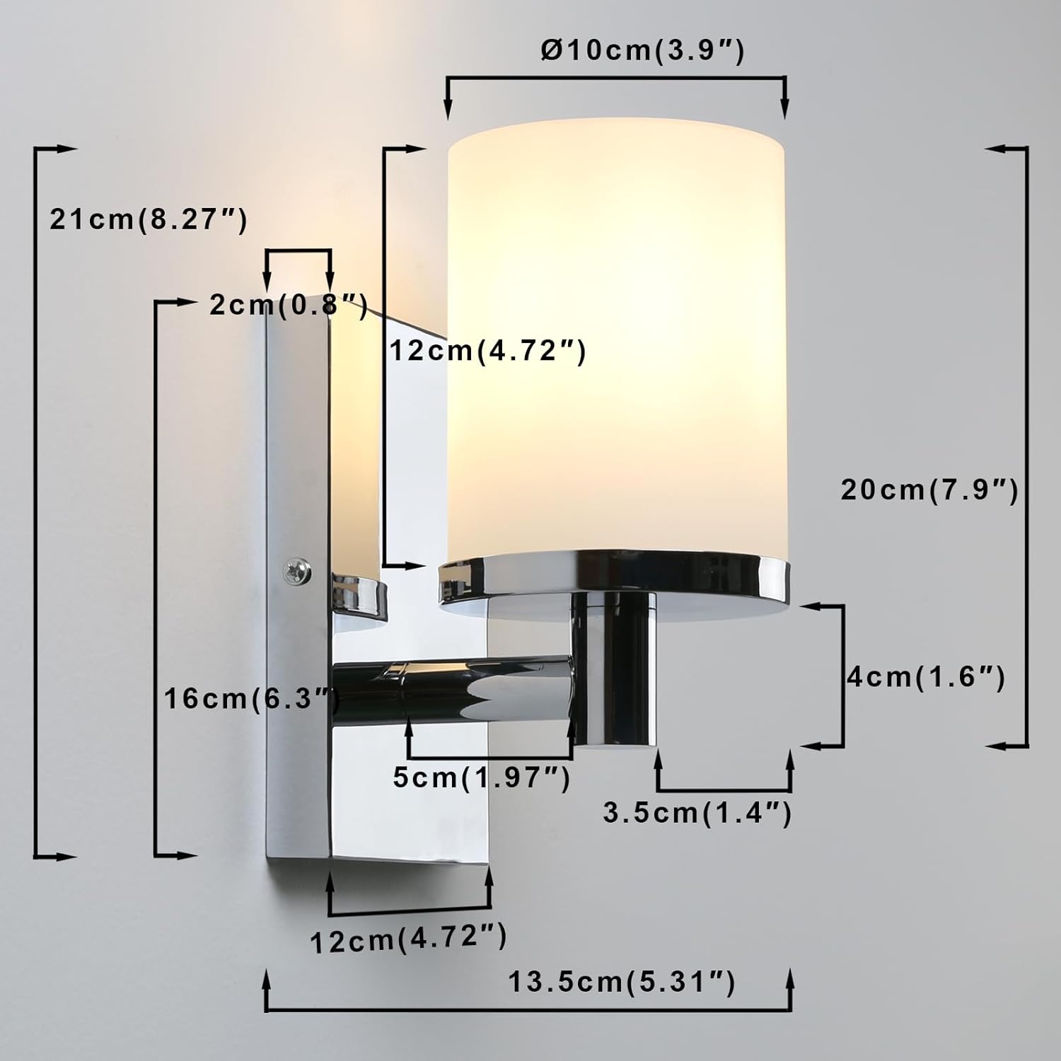 Wall-mounted light fixture with dimensions labeled on a gray background