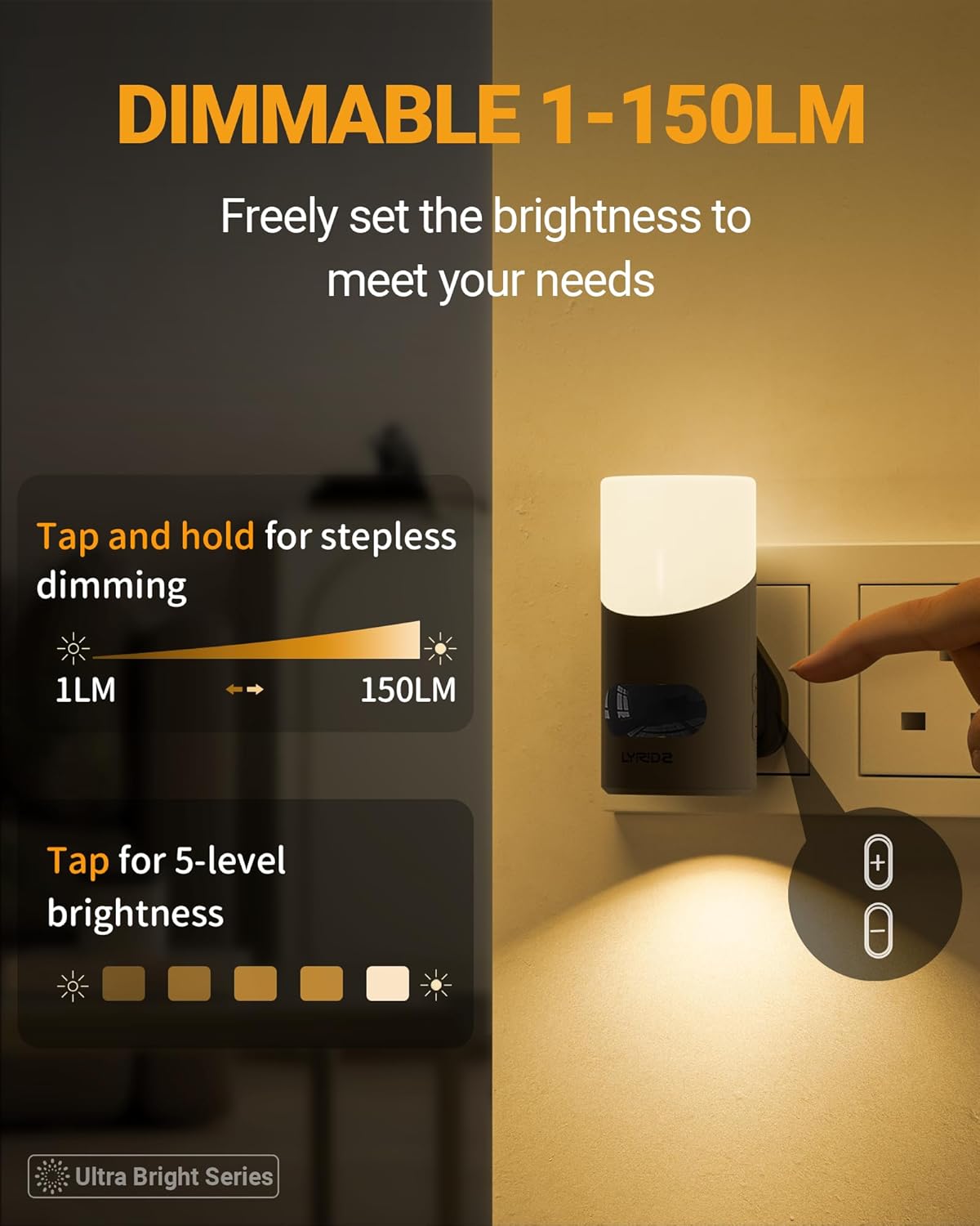Wall-mounted light fixture with dimmable feature and user interface on a dark background