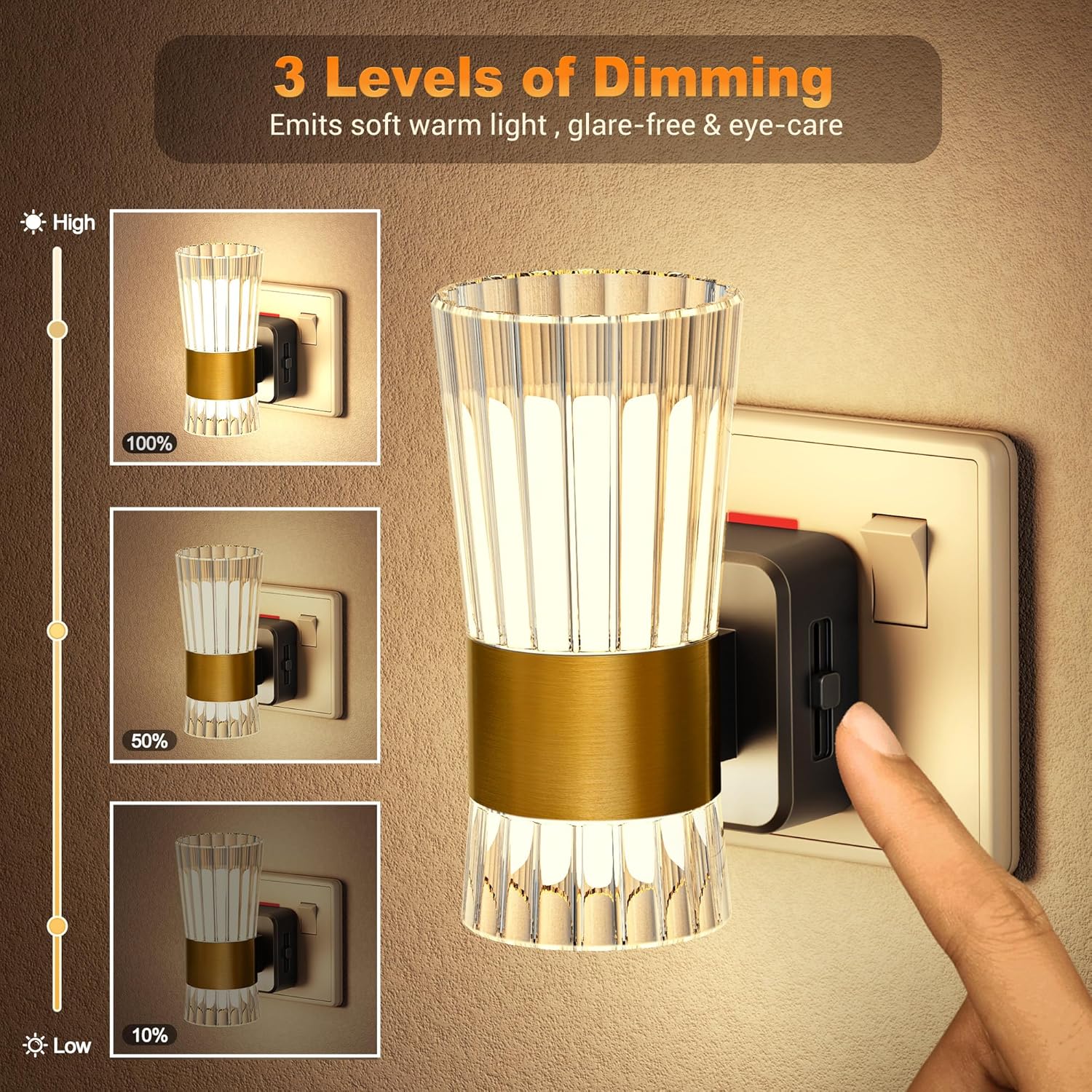 Wall-mounted light fixture with dimming control on a brown background