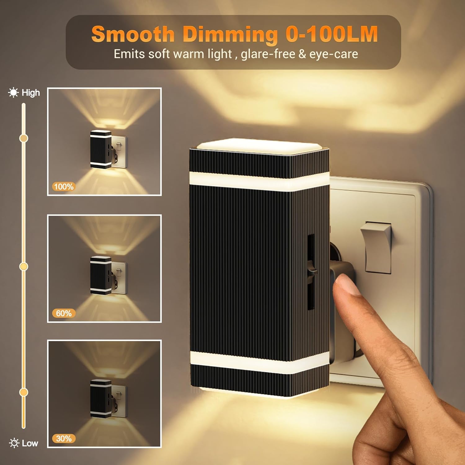Wall-mounted light fixture with dimming control, emitting soft warm light.