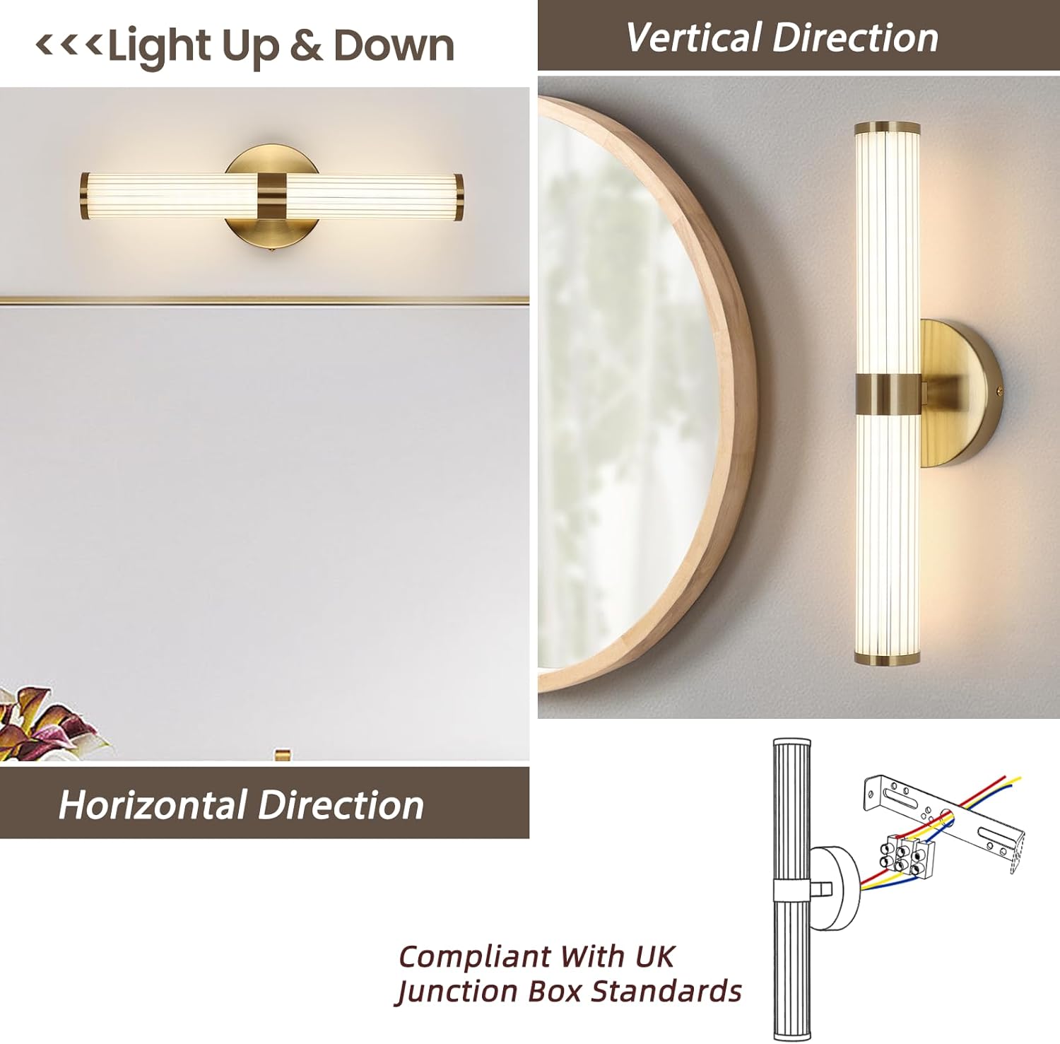 Wall-mounted light fixture with directional control labels and compliance information.