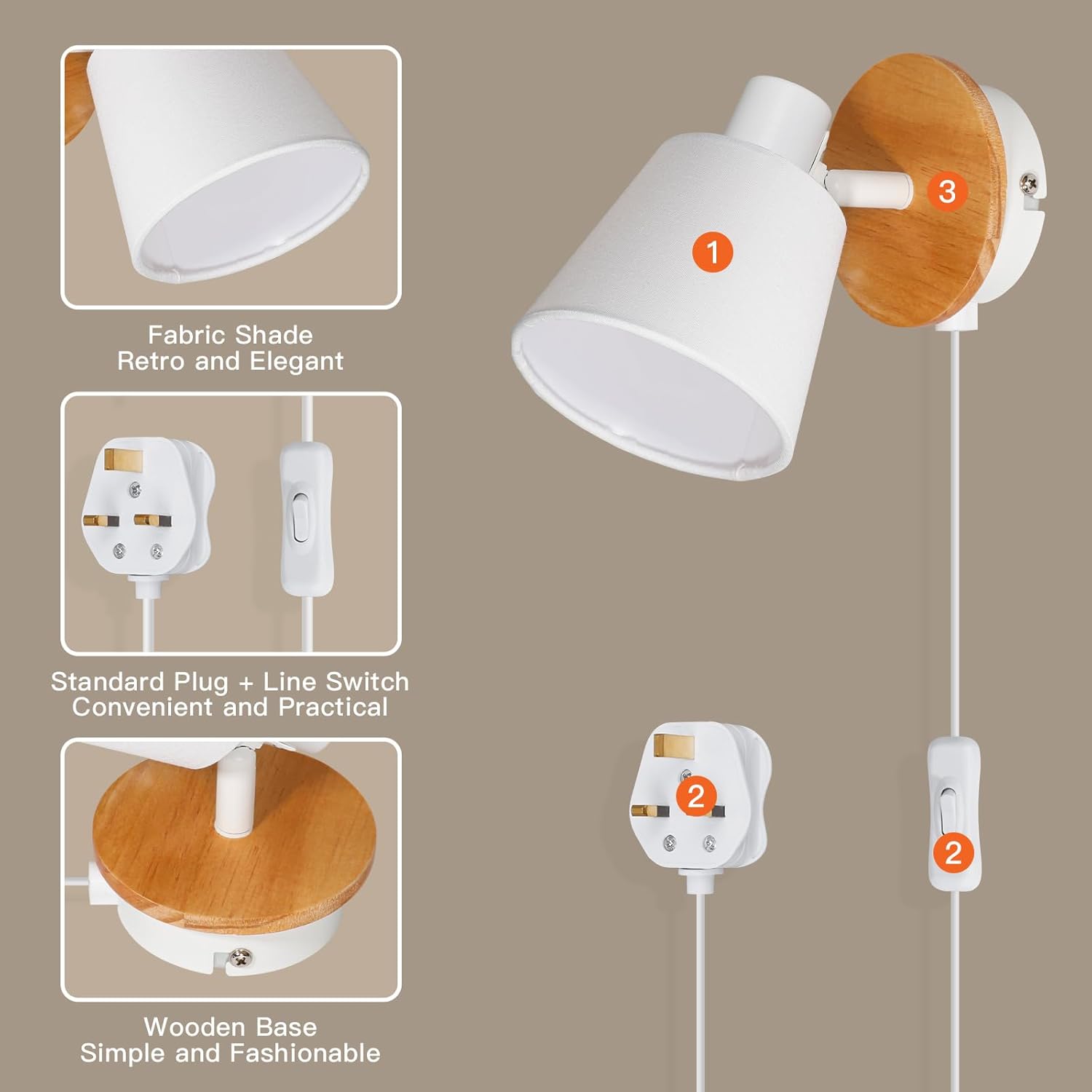 Wall-mounted light fixture with fabric shade, wooden base, and plug and line switch on a beige background.