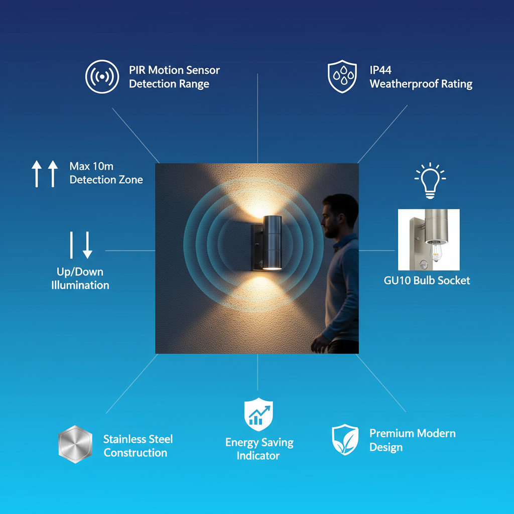 Wall-mounted light fixture with features highlighted on a blue background