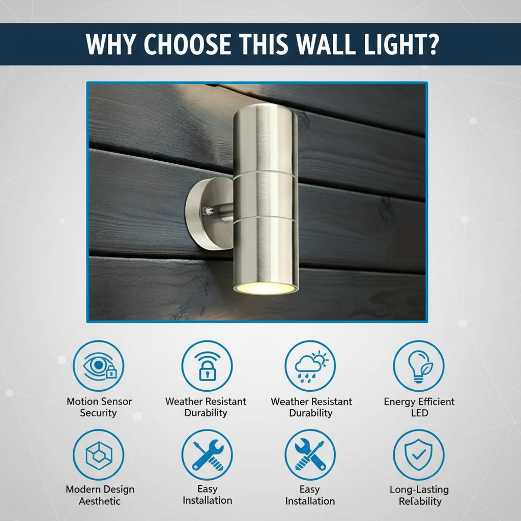 Wall-mounted light fixture with features listed below on a gray background