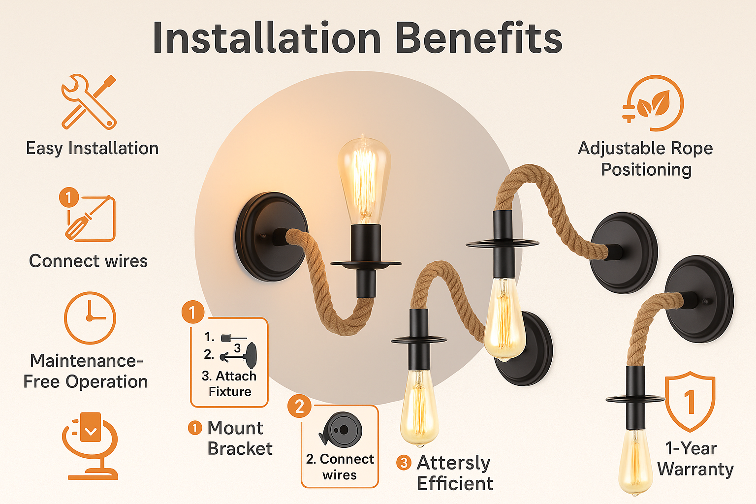 Wall-mounted light fixture with installation benefits highlighted on a beige background