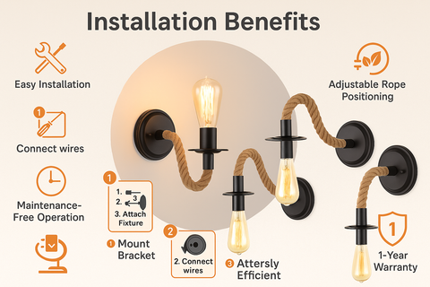 Wall-mounted light fixture with installation benefits highlighted on a beige background