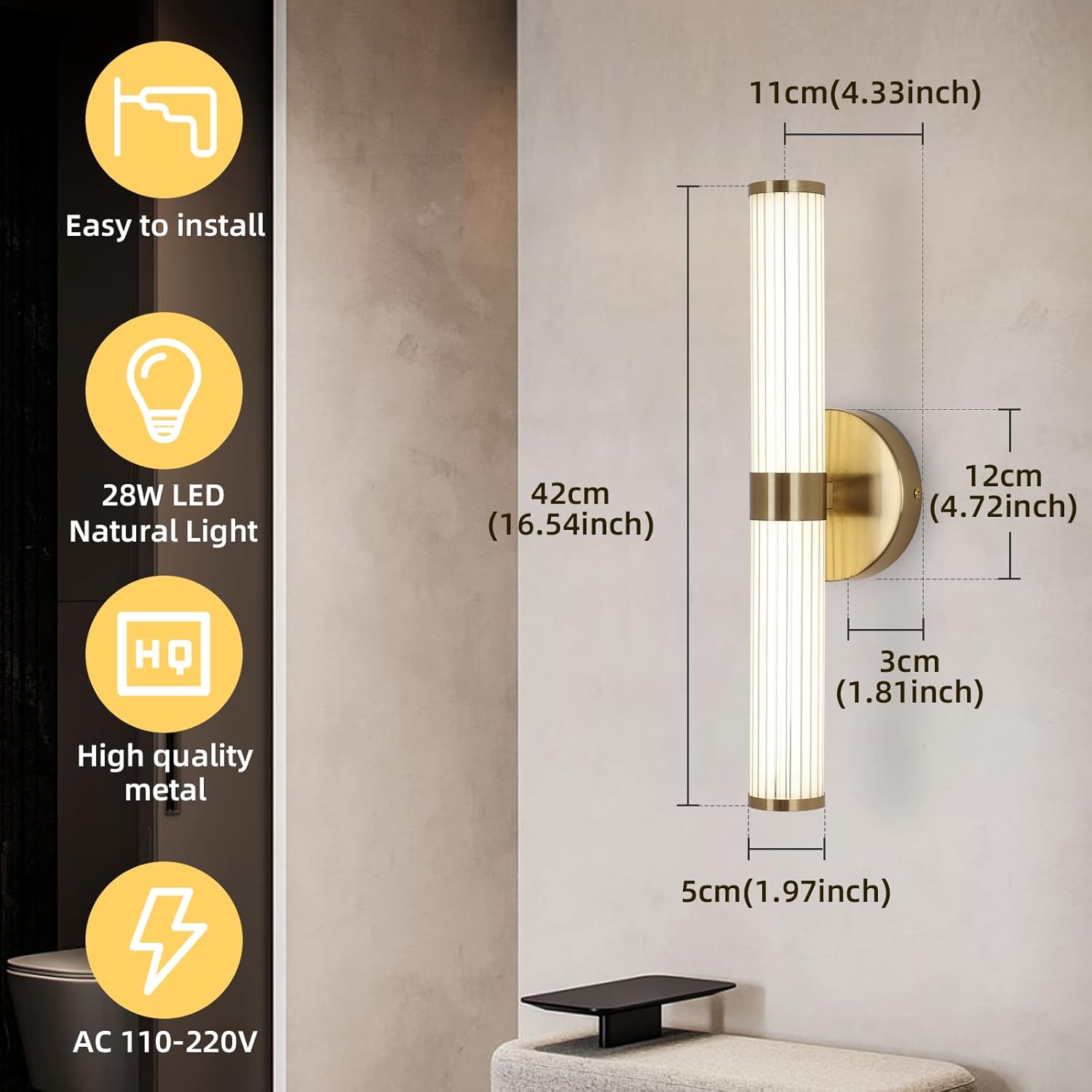 Wall-mounted light fixture with installation instructions and dimensions on a gray wall.