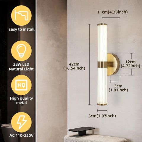 Wall-mounted light fixture with installation instructions and dimensions on a gray wall.