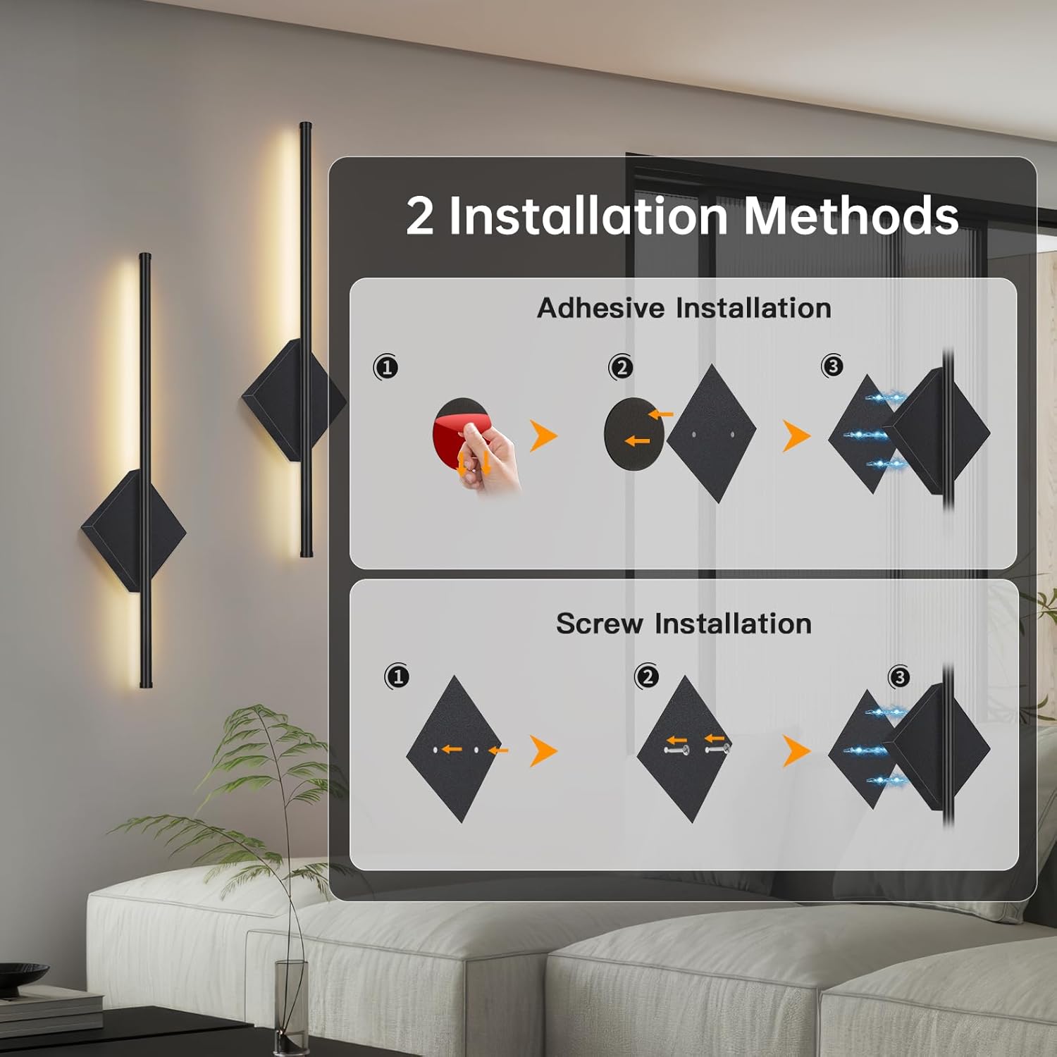 Wall-mounted light fixture with installation instructions overlayed on a living room setting.