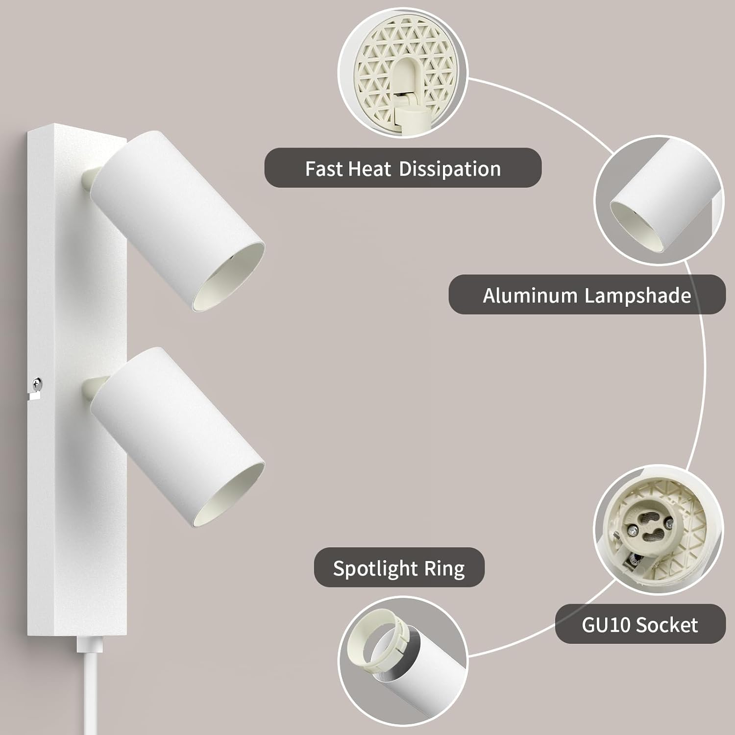 Wall-mounted light fixture with labeled components on a gray background