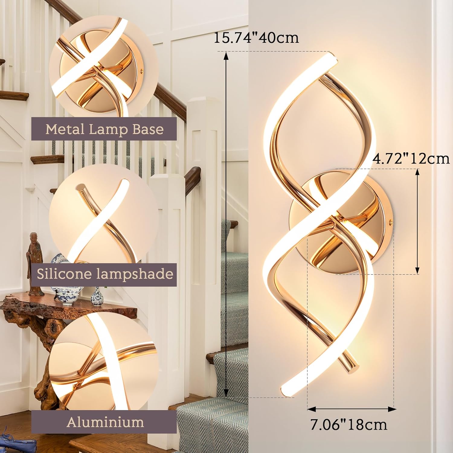 Wall-mounted light fixture with labeled parts and dimensions in a home setting.