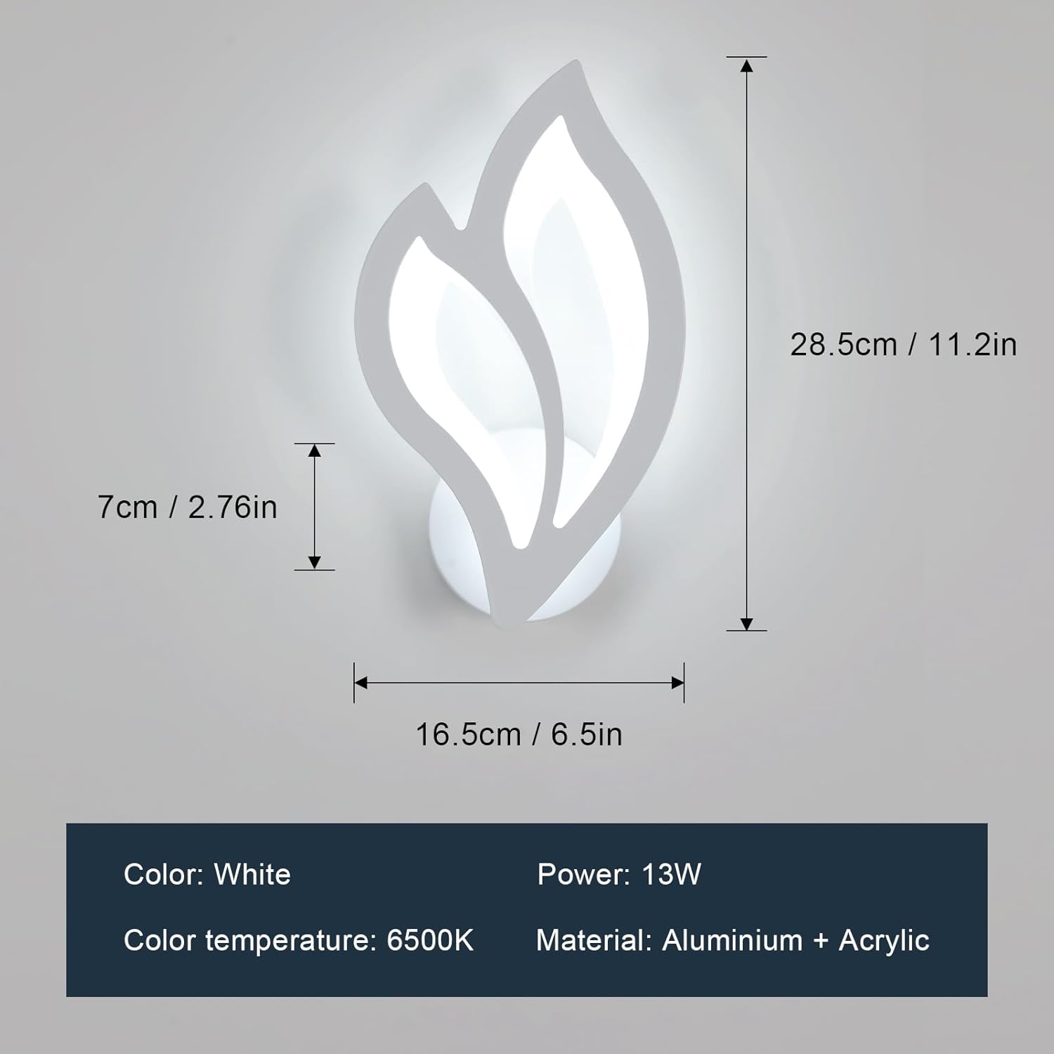 Wall-mounted light fixture with leaf design and dimensions on a gray background