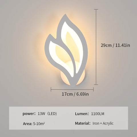 Wall-mounted light fixture with leaf design and dimensions on a gray background