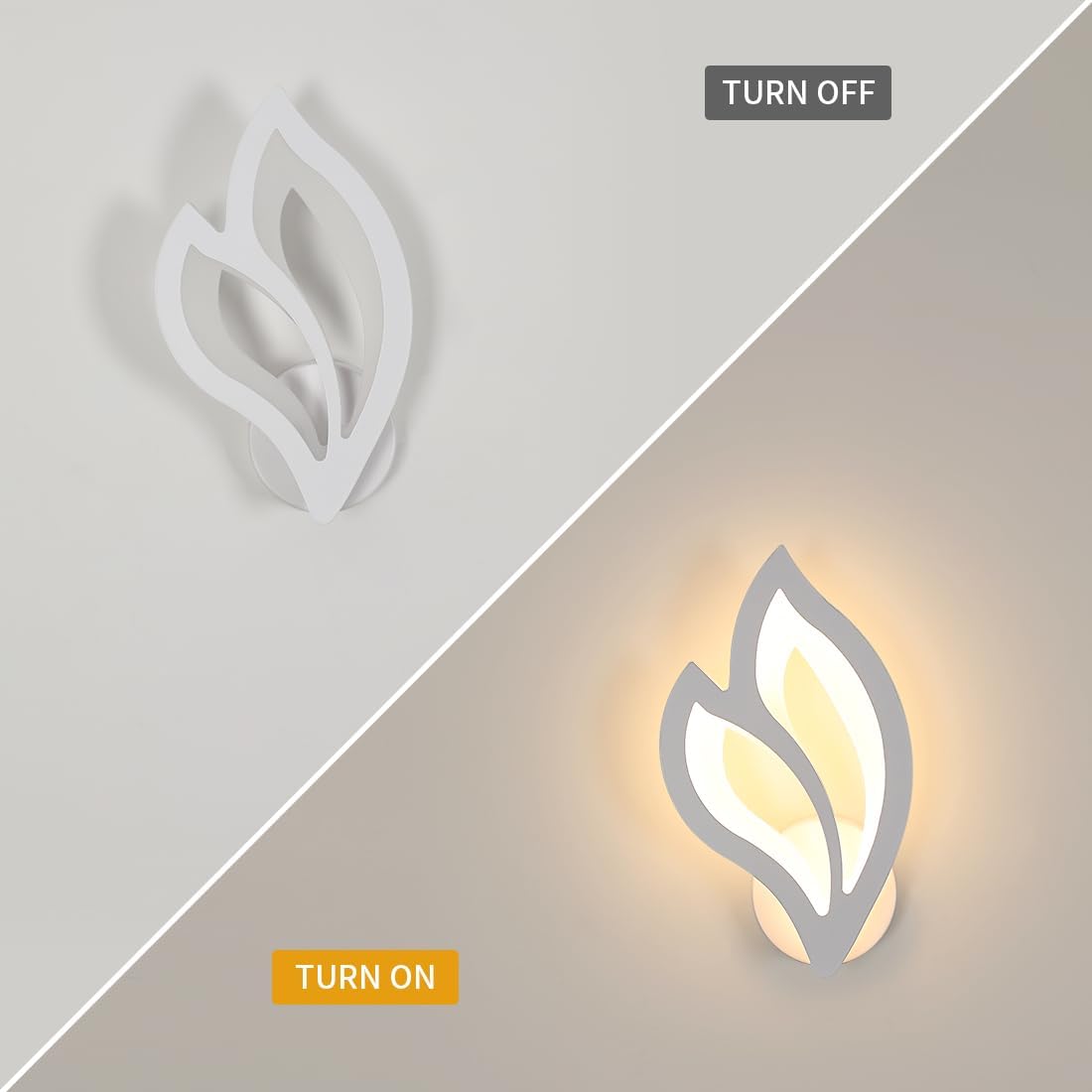 Wall-mounted light fixture with leaf design on a white and gray background