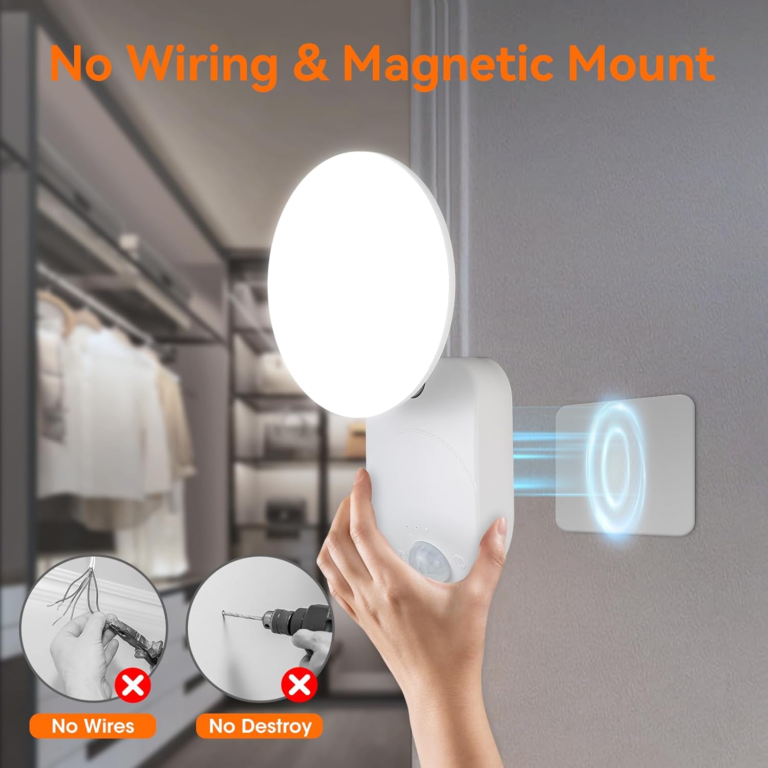 Wall-mounted light fixture with magnetic mount feature, no wiring required.