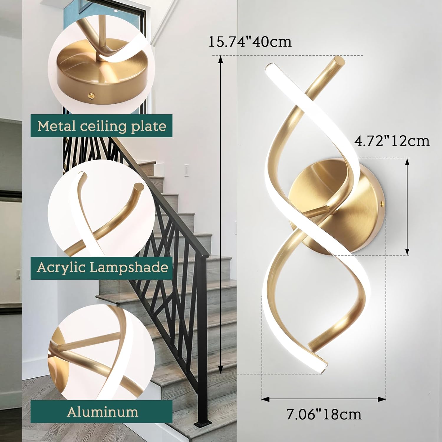 Wall-mounted light fixture with metal ceiling plate, acrylic lampshade, and aluminum construction, shown with measurements.