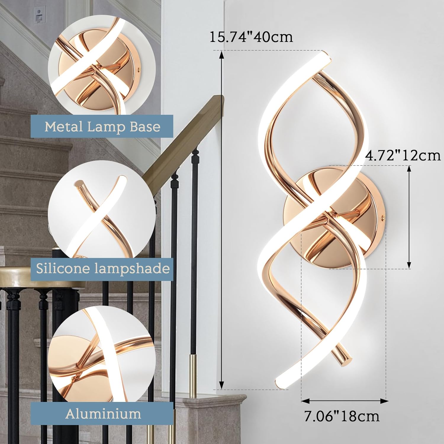 Wall-mounted light fixture with metal lamp base, silicone lampshade, and aluminium construction, shown with measurements.