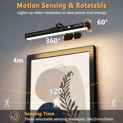 Wall-mounted light fixture with motion sensing and rotatable features, shown on a wall with a framed picture.
