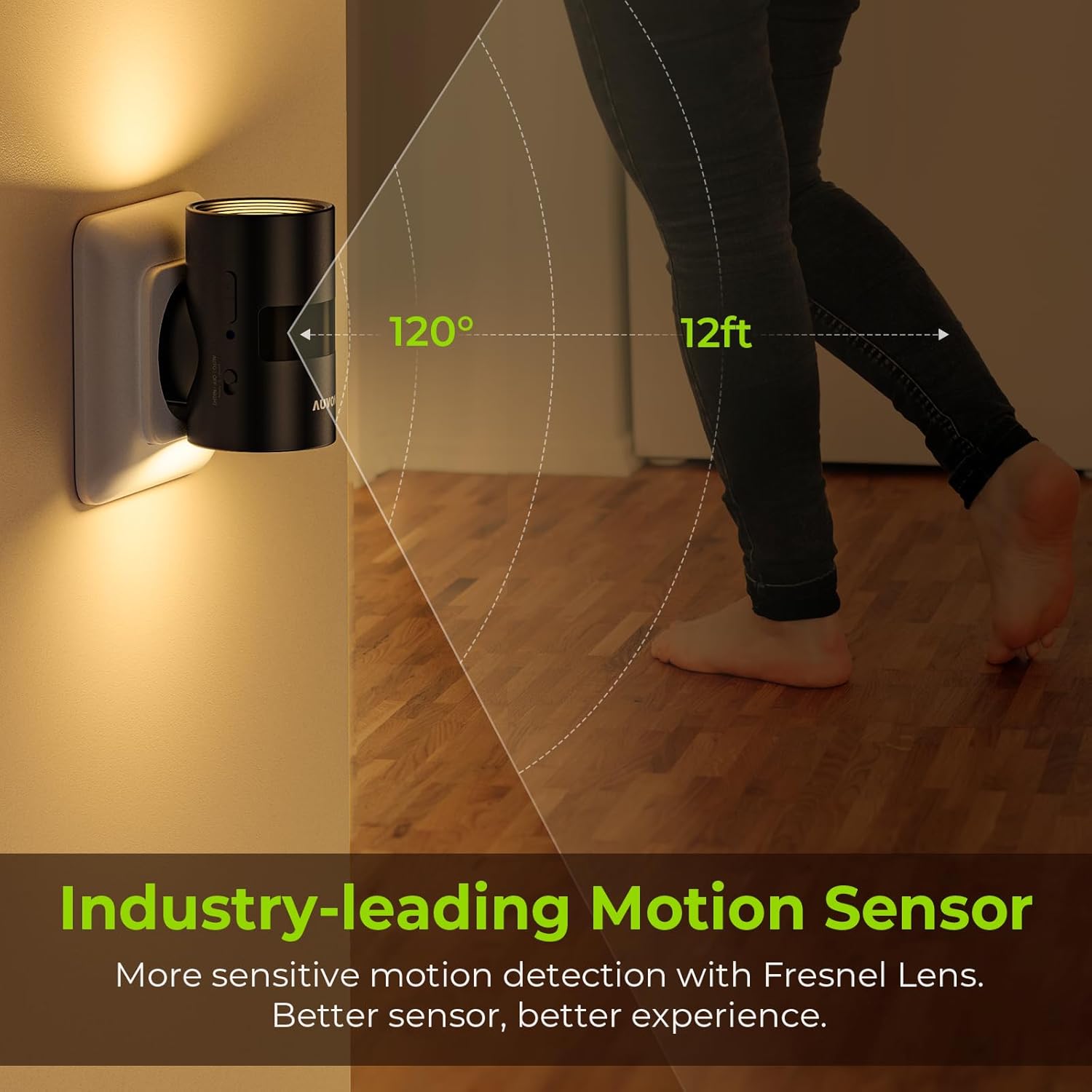Wall-mounted light fixture with motion sensor detection range illustration, showing a person walking towards it.