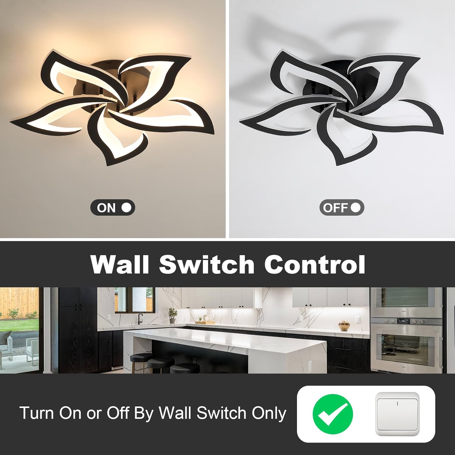 Wall-mounted light fixture with on/off switch control and kitchen background.