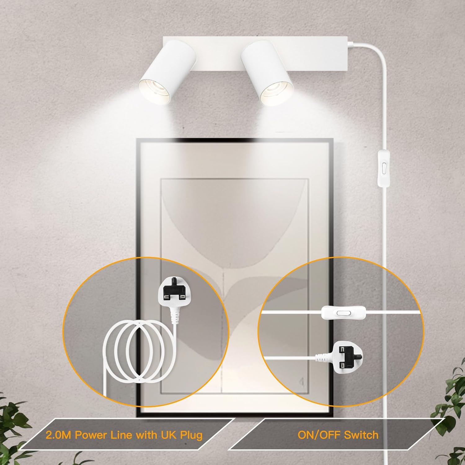 Wall-mounted light fixture with power cord and on/off switch on a neutral background