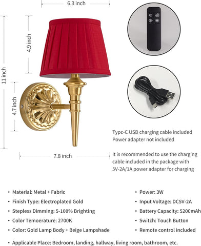 Wall-mounted light fixture with red lampshade, gold body, and remote control details.