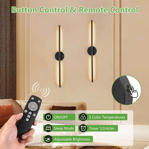 Wall-mounted light fixture with remote control and button control features.