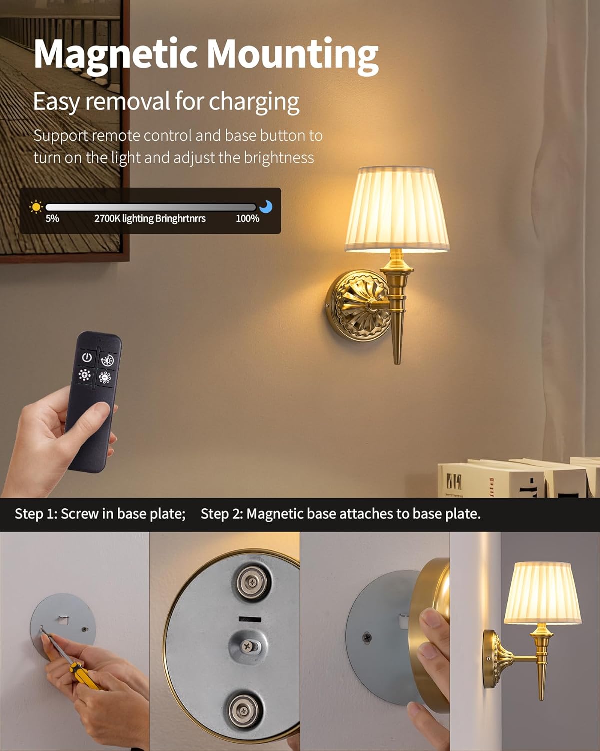 Wall-mounted light fixture with remote control and installation steps on a neutral background