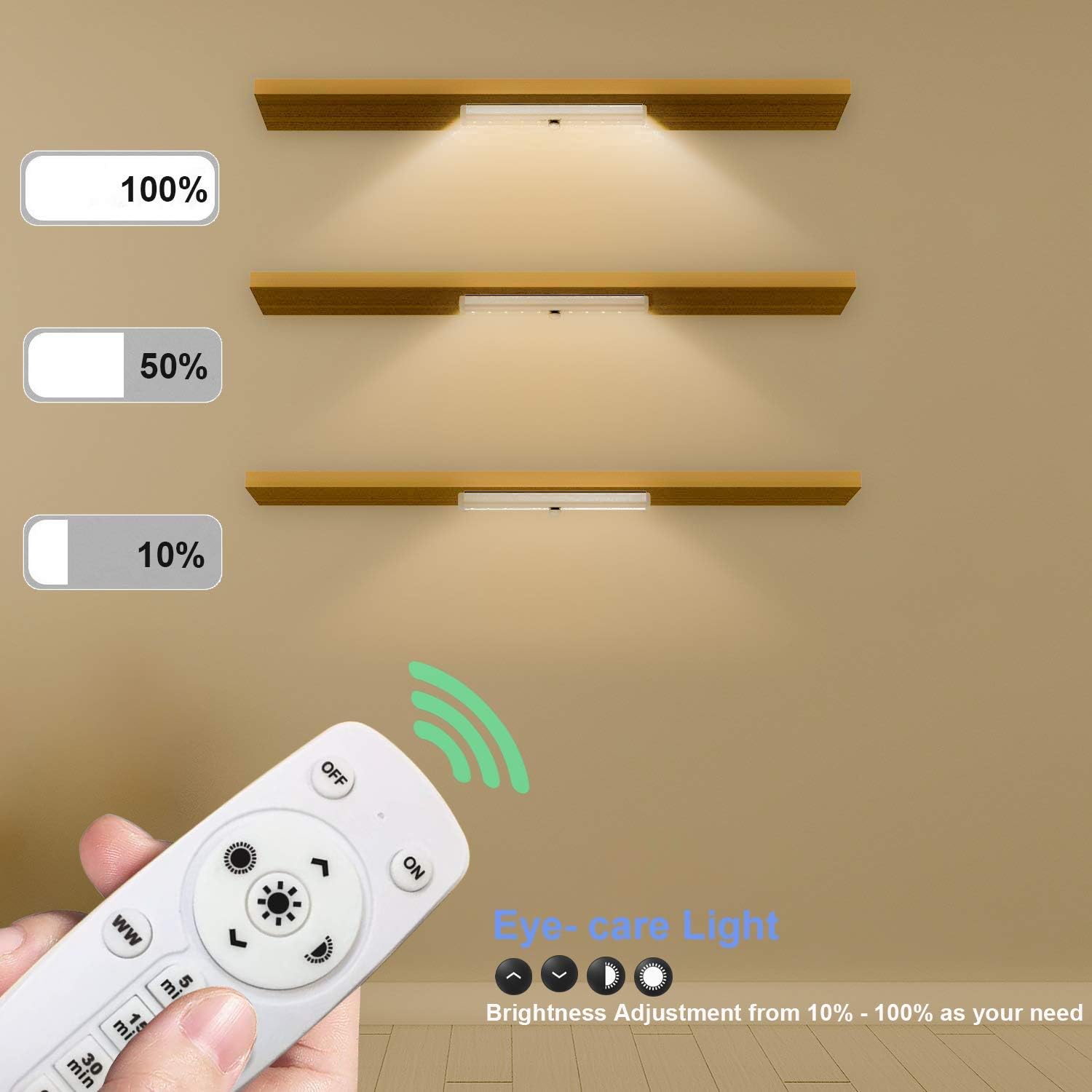 Wall-mounted light fixture with remote control for brightness adjustment on a beige wall.