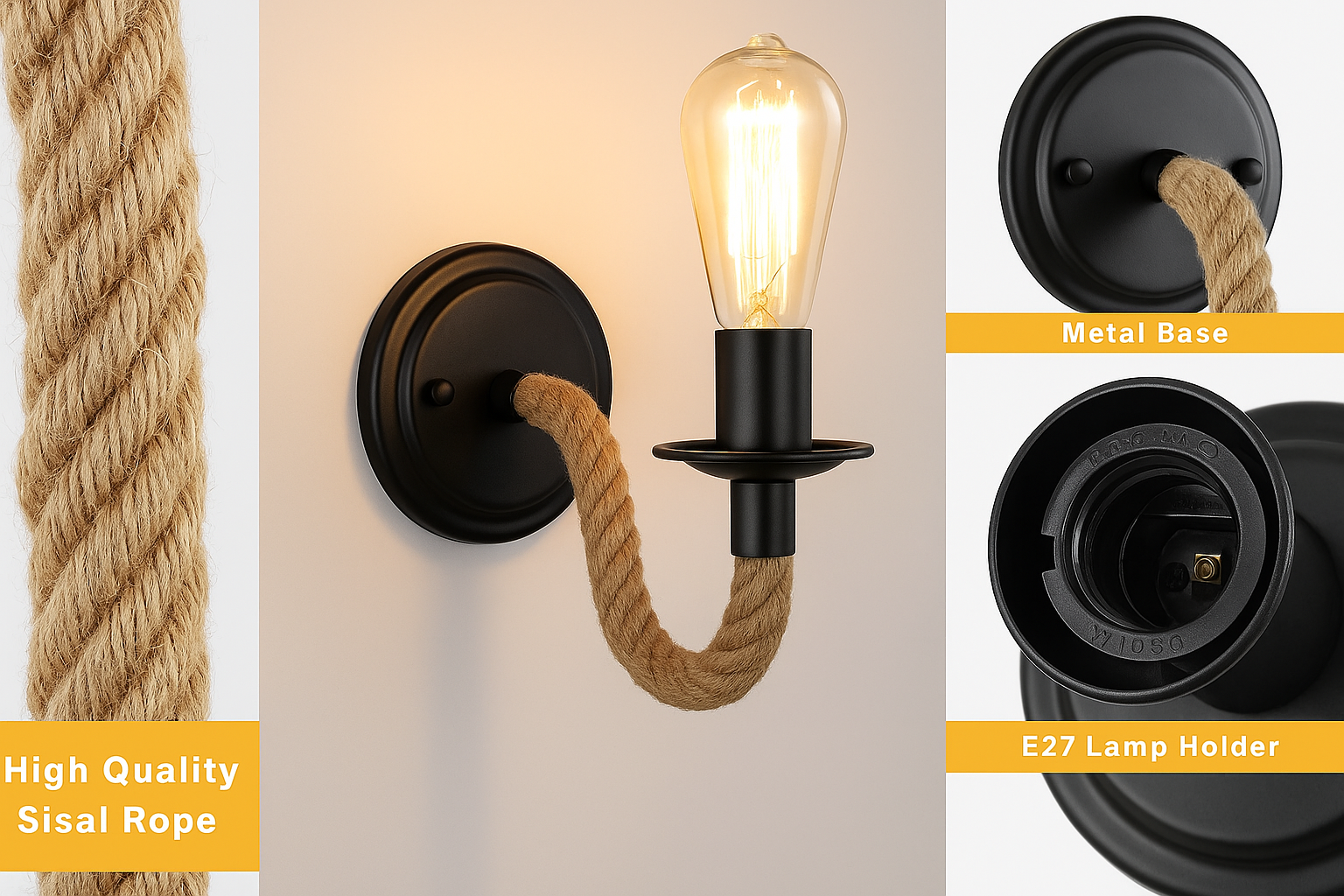 Wall-mounted light fixture with sisal rope design and metal base.