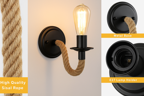 Wall-mounted light fixture with sisal rope design and metal base.