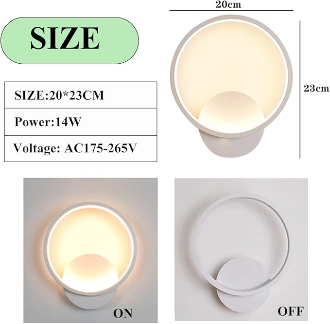 Wall-mounted light fixture with size, power, and voltage information displayed.