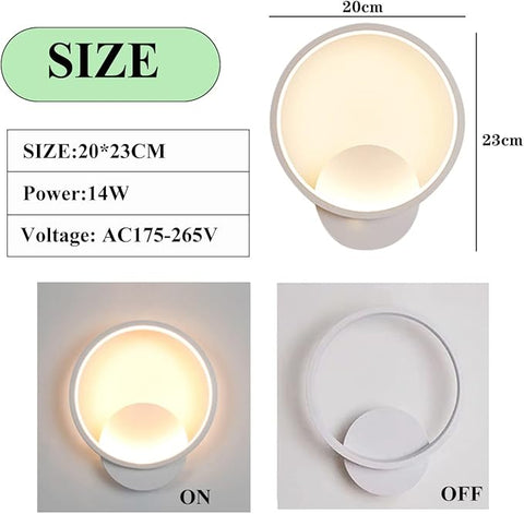Wall-mounted light fixture with size, power, and voltage information displayed.