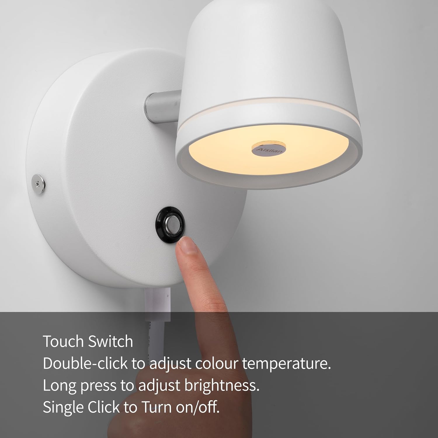 Wall-mounted light fixture with touch switch on a neutral background